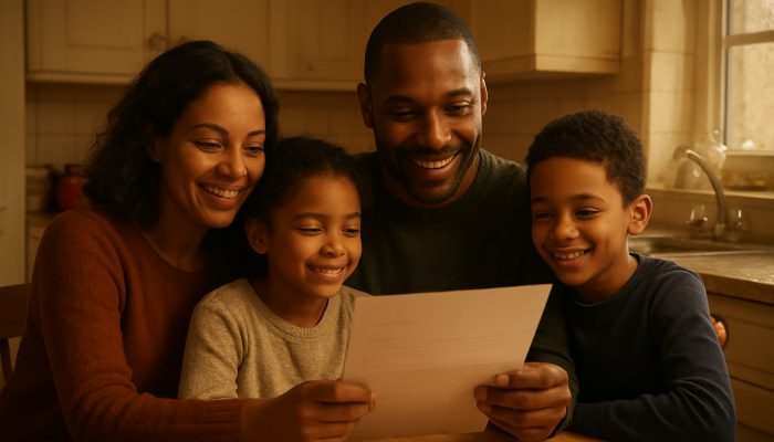 Using Benefits and Grants to Ease Pressure: Helpful Tips | DCL Diverse UK family relieved by open DWP benefits letter in modest kitchen
