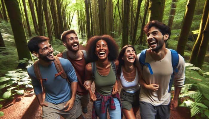 A diverse group hiking and laughing in a lush forest, showcasing the mental health benefits of social connections.