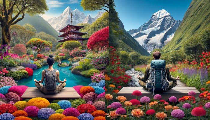 A person meditating in a vibrant garden versus a hiker reaching a mountain summit, illustrating outdoor activity choices.