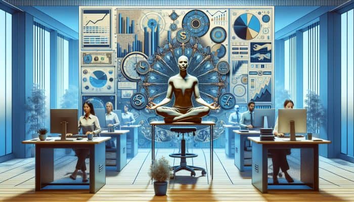 A calm office environment where employees meditate at their desks, surrounded by symbols of productivity like charts and computers.