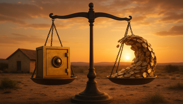 Beaufort West home representing fixed interest rates, alongside fluctuating coins for variable rates under a balancing scale at sunset.