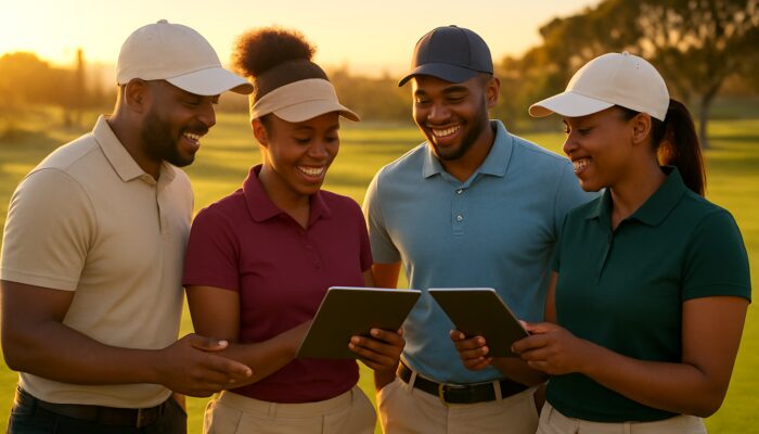 South African golfers sharing community reviews on tablets during sunset on a lush golf course.