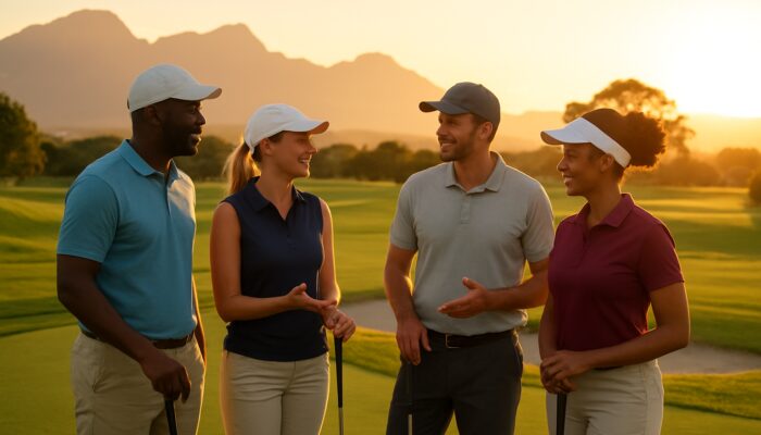 Diverse golfers networking at sunset on a picturesque South African golf course with mountains in the background.