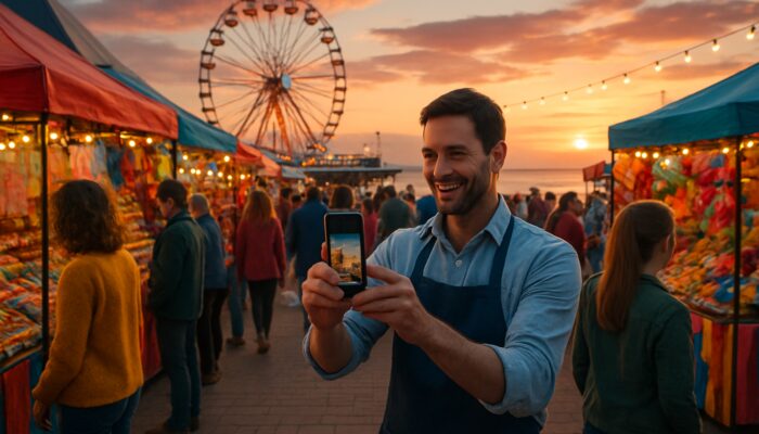 Vibrant Weston-super-Mare Carnival at sunset showcasing locals at bustling market stalls and café owner featured on Instagram