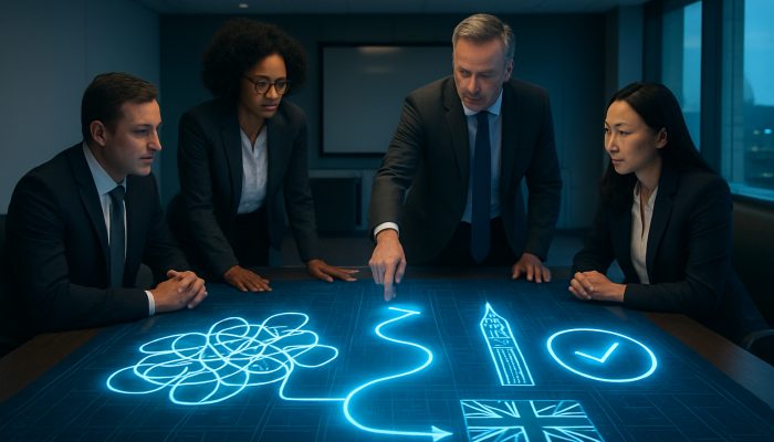 Executives charting strategy transition on a glowing digital blueprint with UK compliance icons in boardroom.