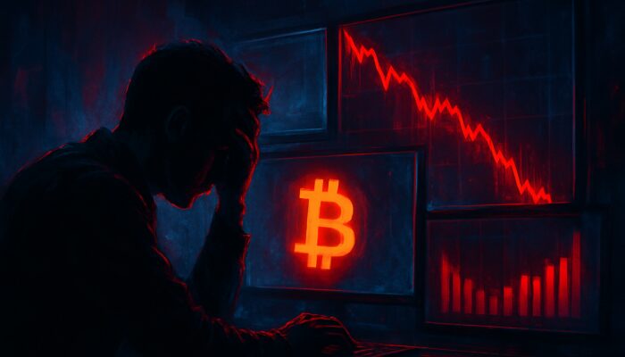 Crypto trader watches Bitcoin charts plummet with red liquidation alerts on glowing screens