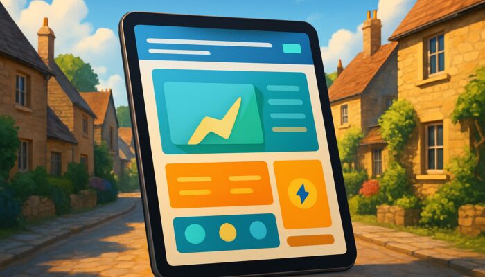 Tablet displaying an intuitive website with fast load icons against Stonehouse town backdrop for seamless UX.