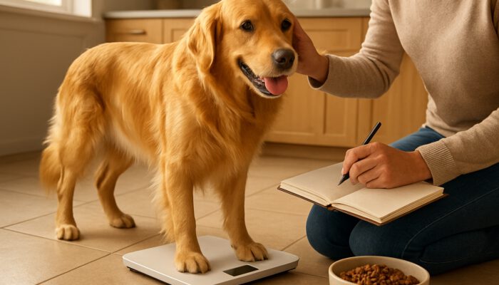 Owner weighing lively golden retriever on scale while inspecting coat in sunlit kitchen