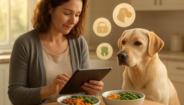 Owner reviewing Labrador health data on tablet next to tailored nutrition bowls in kitchen
