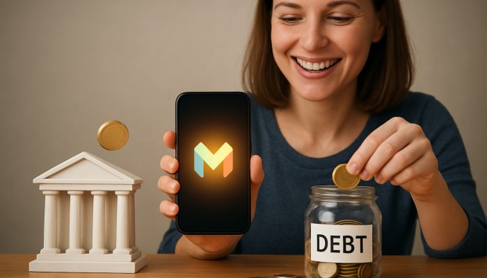 Smiling person switches to glowing Monzo app, redirecting saved coins into debt repayment jar