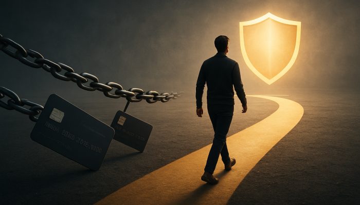 Person at financial crossroads choosing forbearance path, rejecting credit chains under stability shield