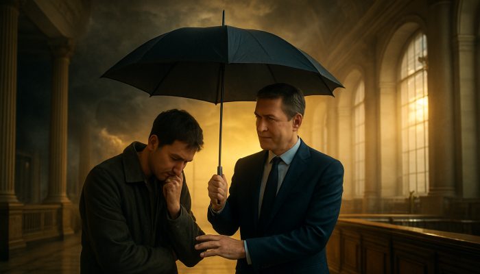 UK banker shielding borrower with umbrella in London bank as storm clouds part