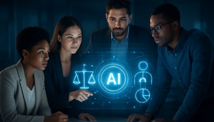 Diverse marketers collaborating on AI interface displaying inclusive, bias-corrected ad campaigns and fairness metrics