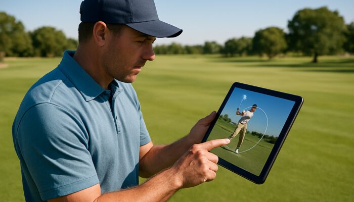 Gauteng golf coach analyzing slow-motion swing on tablet at sunlit inland fairway