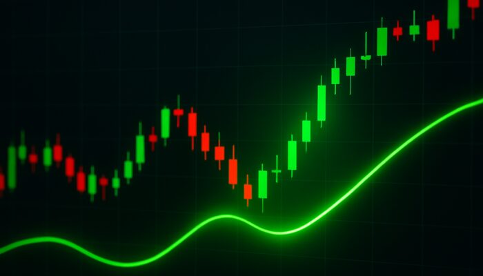 Trading chart illustrating the green Trix line crossing above zero amidst candlesticks, indicating a bullish buy signal.
