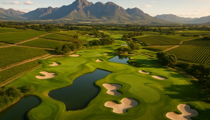 Aerial view of Stellenbosch Golf Club fairways winding through Cape Winelands vineyards with bunkers and mountains.