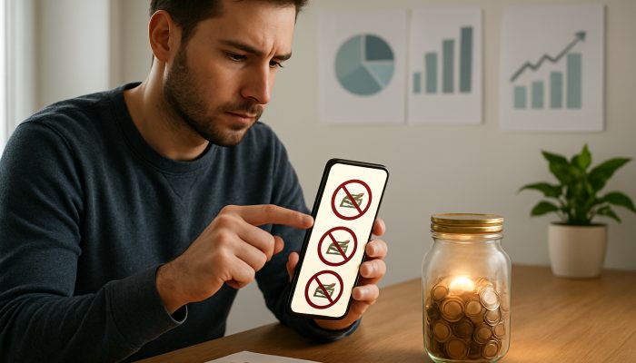Focused person configures mobile app to block retail sites near glowing savings jar and debt charts