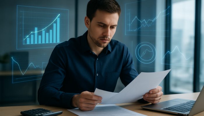Working out Breakeven Points on New Credit: Practical Tips | DCL UK borrower analyzes credit docs with holographic breakeven charts in modern office