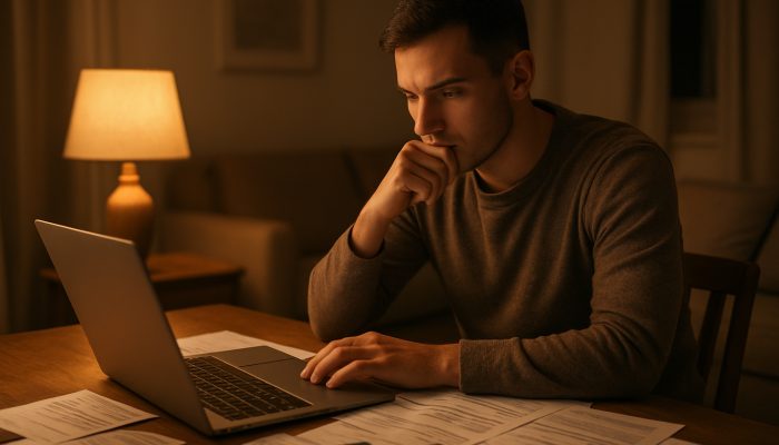 Merging Debts When You Rent Not Own: Practical Guidance | DCL Young renter reviewing credit card bills and loans on laptop in cozy UK flat