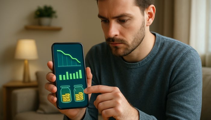 Merging Debts When You Rent Not Own: Practical Guidance | DCL UK renter tracking debts, rent and savings on glowing budgeting app in cozy flat