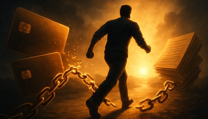 Individual breaking glowing debt chains of credit cards towards sunlit financial freedom in a symbolic manner.